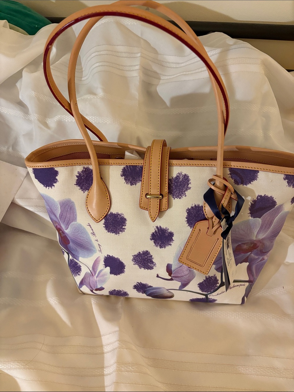 Dooney & Bourke Purple Floral Canvas Tote with Tan Trim
